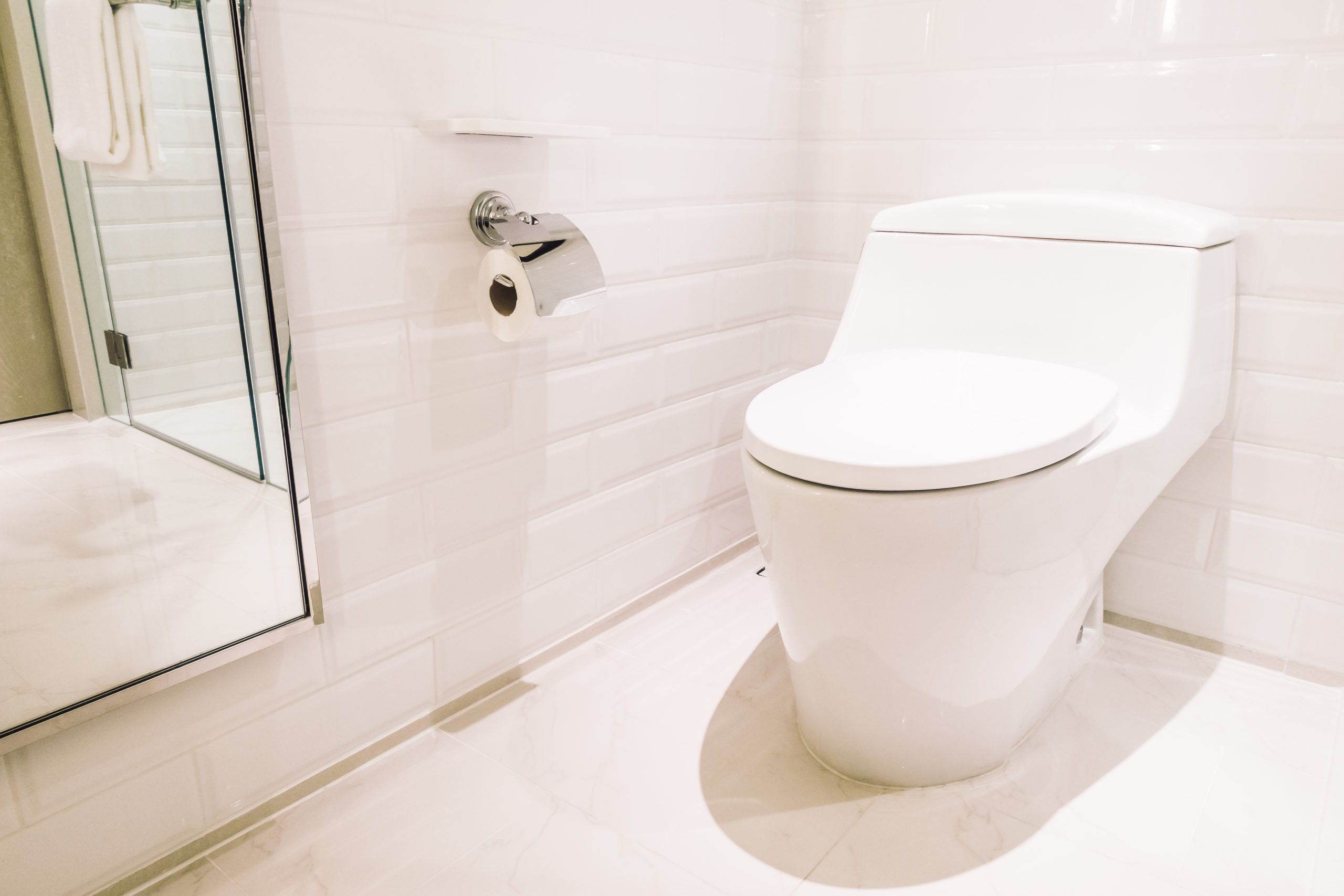 Produtos sanitários: Banheiro branco, com azulejo e chão branco, papel higiênico na parede e uma privada branca