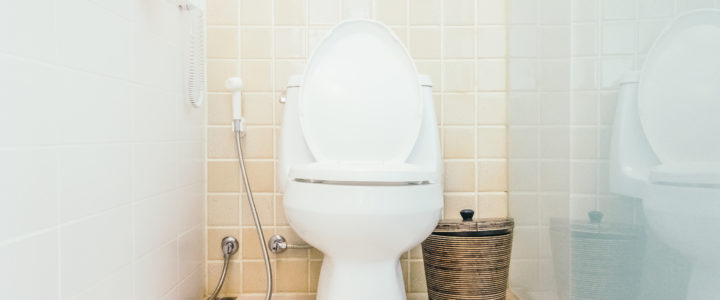 Produto para desentupir vaso sanitário: quais são os melhores? Desentupindo vaso: Sanitário branco com um azulejo bege atrás, uma ducha ao lado e um cesto de lixo no lado esquerdo