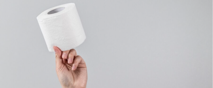 Papel higiênico entope o vaso ou não? Veja os mitos e verdades sobre o assunto Papel higiênico: Mão feminina segurando um rolo de papel higiênico, a parede é cinza
