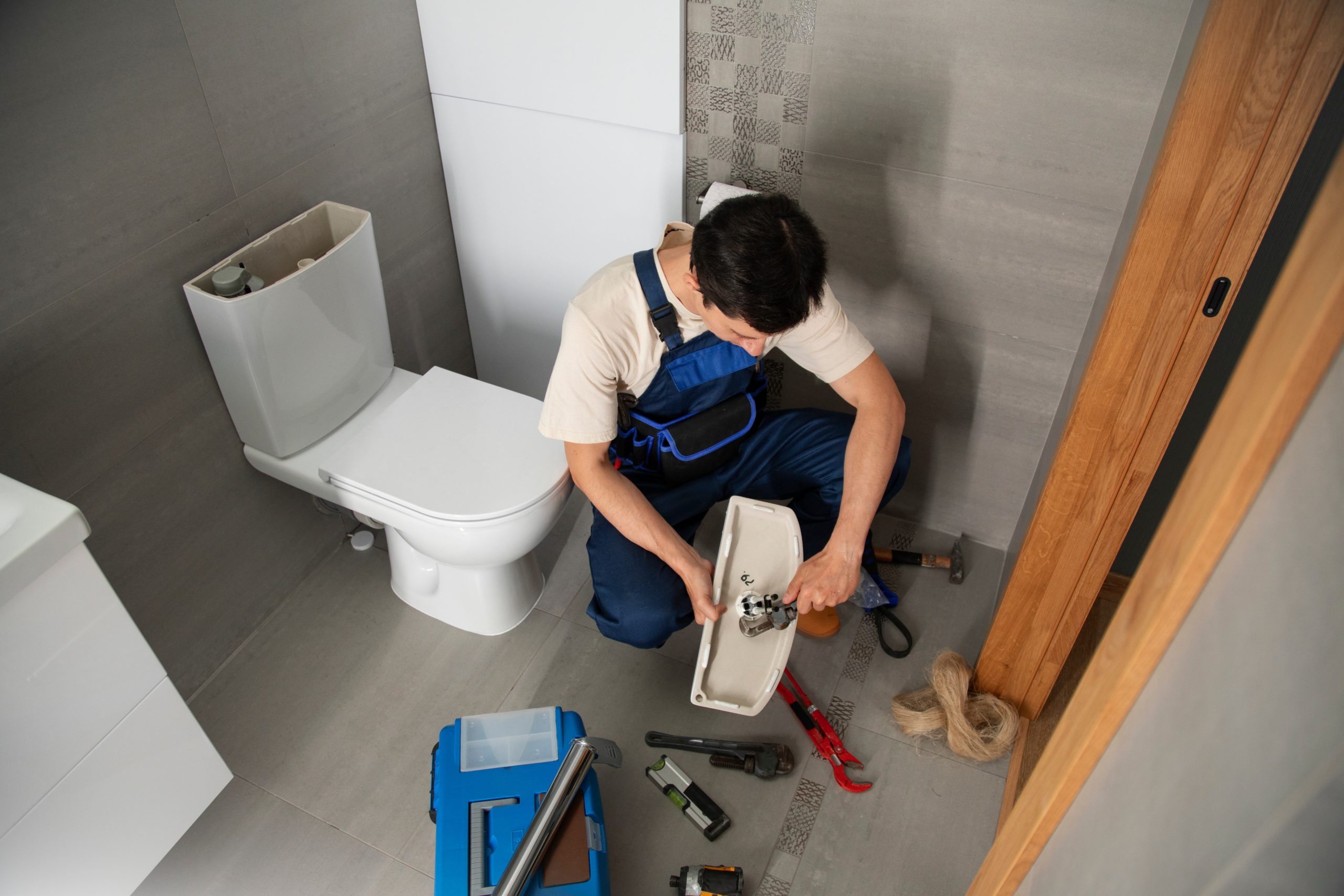Problemas de sucção do vaso sanitário: encanador de joelhos com a tampa do vaso mão utilizando ferramentas, ele está de jardineira jeans e o banheiro possui azulejo cinza e o vaso é branco