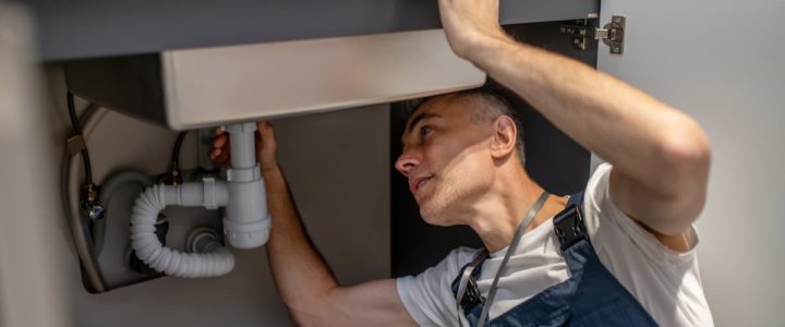desentupidor profissional verificando cano embaixo da pia da cozinha