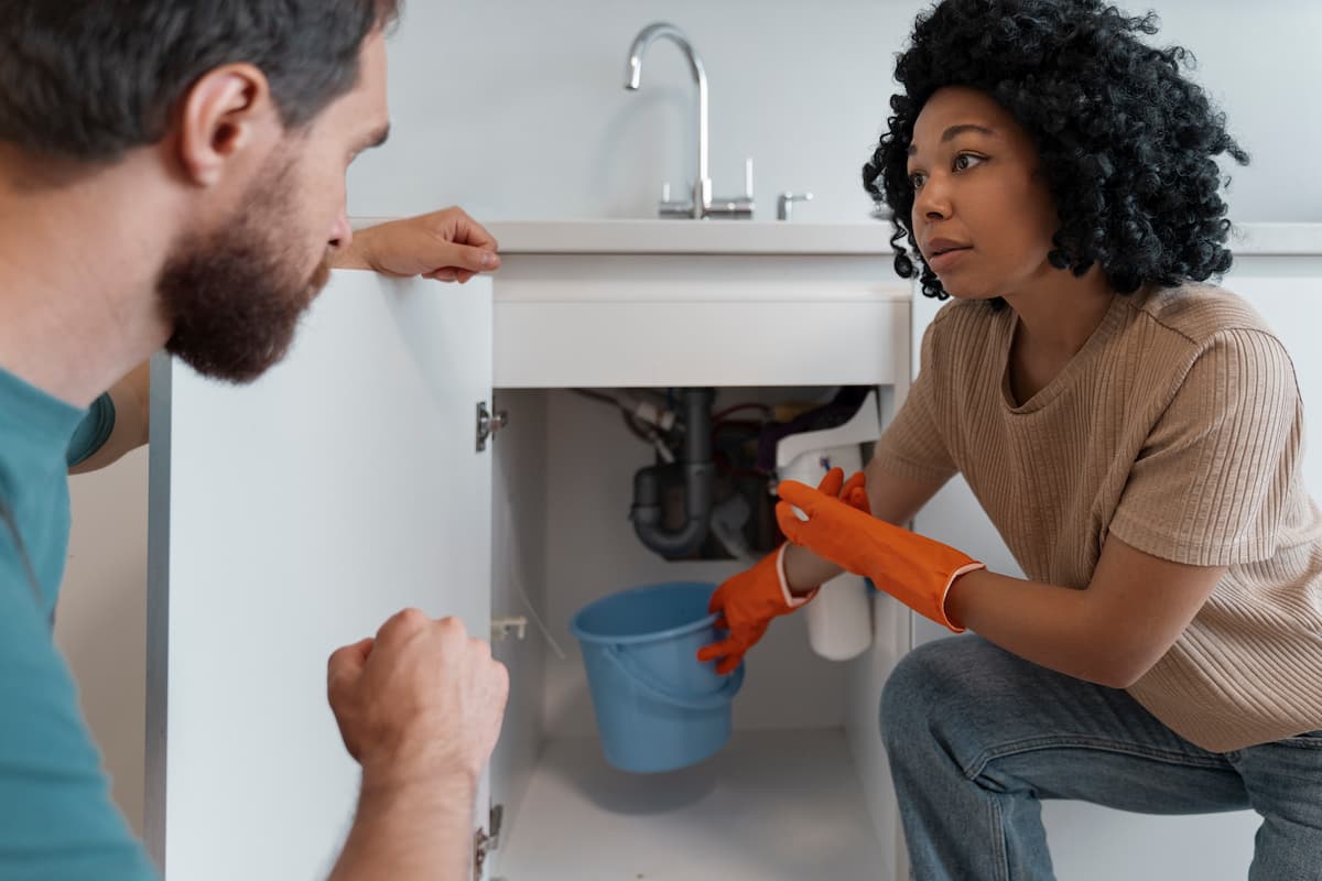 mulher com luvas segurando balde embaixo da pia do banheiro enquanto conversa com encanador profissional sobre vazamento