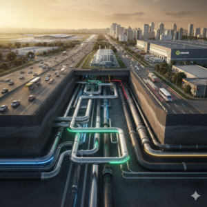 Vis&atilde;o art&iacute;stica da infraestrutura subterr&acirc;nea de Guarulhos, destacando a moderniza&ccedil;&atilde;o das redes de esgoto e a conex&atilde;o com a malha urbana e industrial da cidade.