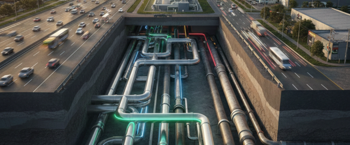 Problemas de Esgoto no Parque CECAP e Soluções Visão artística da infraestrutura subterrânea de Guarulhos, destacando a modernização das redes de esgoto e a conexão com a malha urbana e industrial da cidade.