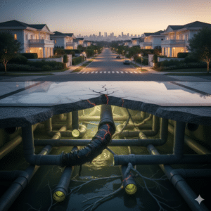 Visão em corte de uma rua luxuosa em Alphaville mostrando a infraestrutura de esgoto subterrânea sob um piso de mármore rachado, com tubulações obstruídas por raízes e detritos, e a cidade de São Paulo ao fundo sob o céu do entardecer.