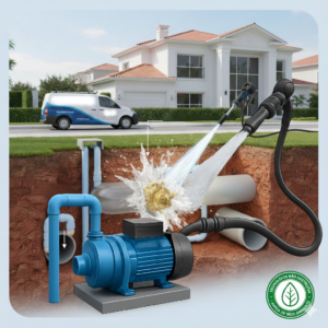 Equipamento técnico de hidrojateamento em Alphaville mostrando um jato de alta pressão limpando gordura petrificada e raízes de uma tubulação de esgoto residencial de alto padrão, com selo de tecnologia não destrutiva.