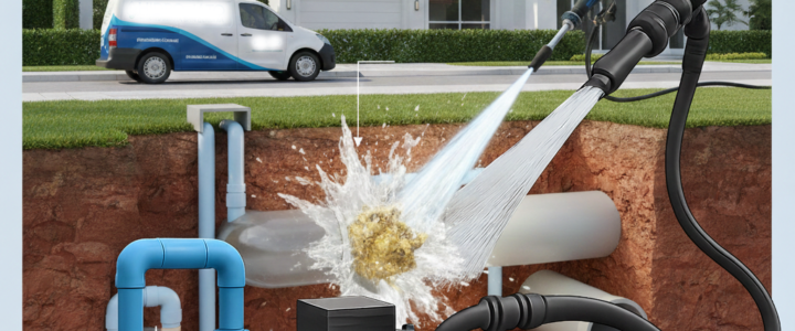 Equipamento técnico de hidrojateamento em Alphaville mostrando um jato de alta pressão limpando gordura petrificada e raízes de uma tubulação de esgoto residencial de alto padrão, com selo de tecnologia não destrutiva.