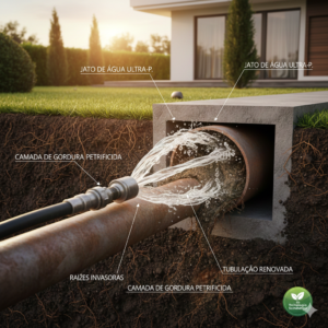 Ilustração em corte lateral de uma tubulação de esgoto residencial em Alphaville sendo limpa por bico de hidrojateamento de alta pressão, removendo gordura petrificada e raízes.
