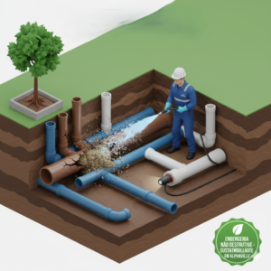 Infográfico isométrico de engenharia hidráulica em Alphaville mostrando um técnico realizando hidrojateamento para remoção de obstruções e raízes em tubulações subterrâneas, com destaque para métodos não destrutivos e preservação de jardins.