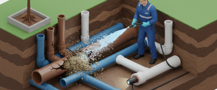 Gestão de Infraestrutura e Desentupimento em Alphaville. Infográfico isométrico de engenharia hidráulica em Alphaville mostrando um técnico realizando hidrojateamento para remoção de obstruções e raízes em tubulações subterrâneas, com destaque para métodos não destrutivos e preservação de jardins.