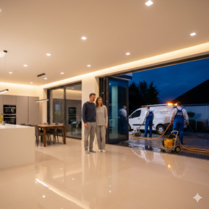 Atendimento emergencial 24h em residência de alto padrão em Alphaville, com técnicos realizando contenção de alagamento interno durante a noite.