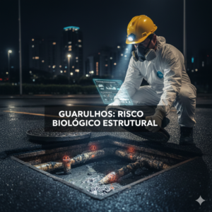 Técnico realizando inspeção visual em caixa de esgoto para identificar sinais de saturação e refluxo iminente em Guarulhos.