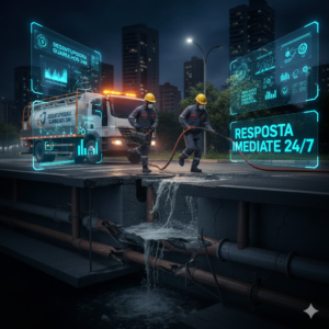 Equipe de prontid&atilde;o 24h realizando desobstru&ccedil;&atilde;o t&eacute;cnica em rede de esgoto durante a madrugada em Guarulhos.