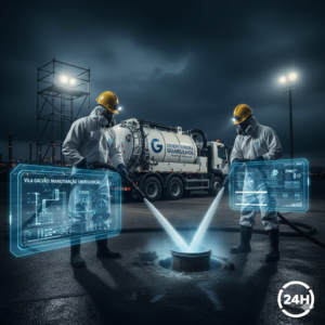 Equipe t&eacute;cnica de desentupidora na Vila Galv&atilde;o 24 horas realizando manuten&ccedil;&atilde;o emergencial noturna com unidade de hidrojateamento e v&iacute;deo inspe&ccedil;&atilde;o.