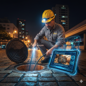 T&eacute;cnico realizando desentupimento de esgoto na Vila Galv&atilde;o em Guarulhos, utilizando v&iacute;deo inspe&ccedil;&atilde;o digital para identificar ra&iacute;zes em tubula&ccedil;&atilde;o de barro.