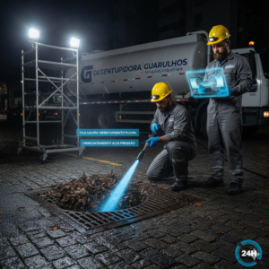 Equipe t&eacute;cnica realizando o desentupimento de ralo pluvial na Vila Galv&atilde;o com equipamento de hidrojateamento para remo&ccedil;&atilde;o de folhas e sedimentos.