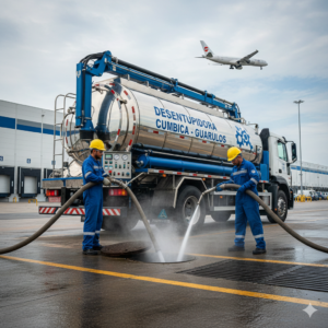 Caminh&atilde;o de hidrojateamento de alta press&atilde;o operando em zona industrial de Cumbica, pr&oacute;ximo ao Aeroporto de Guarulhos, realizando limpeza de galerias subterr&acirc;neas.