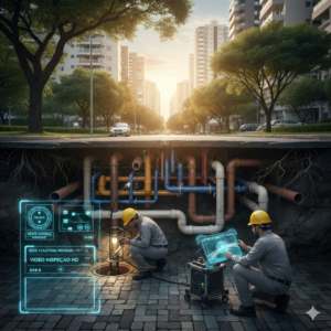 Visão técnica de inspeção hidráulica em área nobre do Jardim Maia, Guarulhos, evidenciando a infraestrutura subterrânea próxima ao Bosque Maia e a necessidade de manutenção de alto padrão.