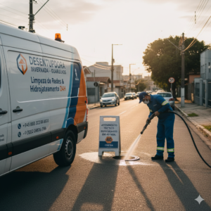 Equipamento de hidrojateamento sendo operado em rua &iacute;ngreme na Invernada, Guarulhos, visando a desobstru&ccedil;&atilde;o de rede de esgoto em declive.