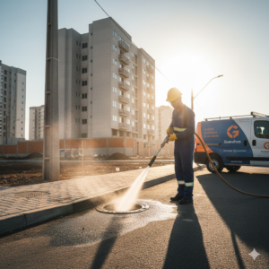 T&eacute;cnico realizando desentupimento de rede coletora em Lavras, Guarulhos, utilizando equipamento de hidrojateamento para garantir o fluxo em &aacute;rea de expans&atilde;o urbana.