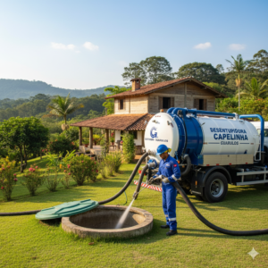 T&eacute;cnico realizando manuten&ccedil;&atilde;o de fossa s&eacute;ptica em uma ch&aacute;cara no bairro Capelinha, Guarulhos, com equipamentos de suc&ccedil;&atilde;o e hidrojateamento de alta press&atilde;o.