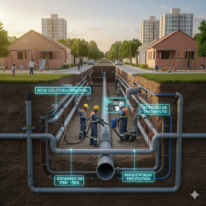 T&eacute;cnico realizando desentupimento de rede coletora na Vila Carmela, Guarulhos, evidenciando o uso de tecnologia para manter o fluxo residencial em dia.