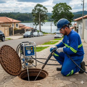 Vis&atilde;o t&eacute;cnica de tubula&ccedil;&otilde;es antigas sob as ruas arborizadas da Vila Galv&atilde;o, Guarulhos, evidenciando o impacto de ra&iacute;zes de &aacute;rvores e o Lago dos Patos ao fundo.