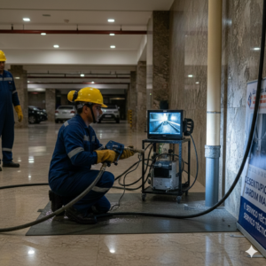 Técnico especializado realizando desentupimento de coluna predial no Jardim Maia, Guarulhos, utilizando equipamentos de vídeo inspeção e hidrojateamento em condomínio de alto padrão.