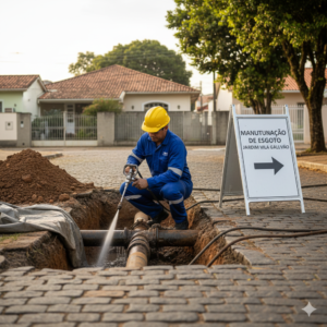 Técnico realizando manutenção em rede de esgoto antiga no Jardim Vila Galvão, Guarulhos, preservando a infraestrutura local.