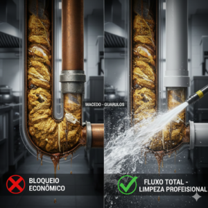 Vis&atilde;o t&eacute;cnica de uma tubula&ccedil;&atilde;o comercial no Macedo, Guarulhos, evidenciando o ac&uacute;mulo de gordura e a necessidade de limpeza profissional para manter o fluxo econ&ocirc;mico do bairro.