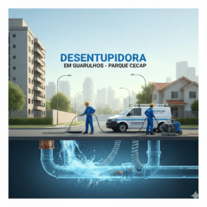 Equipe de desentupidora em Guarulhos realizando serviço no bairro Parque CECAP. Imagem mostra técnicos com equipamentos de hidrojateamento, van de serviço e visão em corte da tubulação sendo limpa.