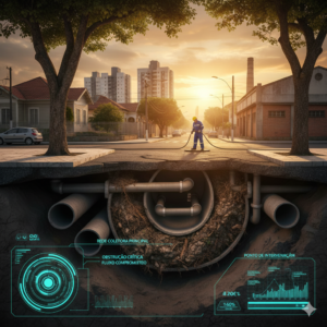 Vis&atilde;o t&eacute;cnica de uma rede de esgoto residencial no Parque das Na&ccedil;&otilde;es, Guarulhos, evidenciando a complexidade das conex&otilde;es em bairros consolidados.