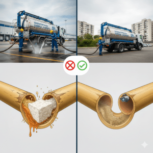 Infográfico comparativo de desentupimento no bairro Taboão, Guarulhos. À esquerda, os perigos do uso de soda cáustica que causa saponificação e danifica tubos de PVC. À direita, a solução profissional com hidrojateamento de alta pressão e vídeo inspeção, garantindo a limpeza completa da tubulação sem danos.