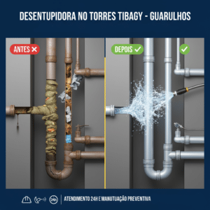 Comparativo de tubula&ccedil;&atilde;o antes e depois do servi&ccedil;o da desentupidora no Torres Tibagy, Guarulhos. &Agrave; esquerda, canos obstru&iacute;dos por gordura e detritos; &agrave; direita, tubula&ccedil;&atilde;o limpa ap&oacute;s hidrojateamento de alta press&atilde;o e v&iacute;deo inspe&ccedil;&atilde;o.