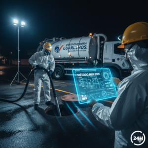 Equipe t&eacute;cnica realizando a limpeza e suc&ccedil;&atilde;o de caixa de gordura no Macedo em Guarulhos seguindo normas da NBR 8160.