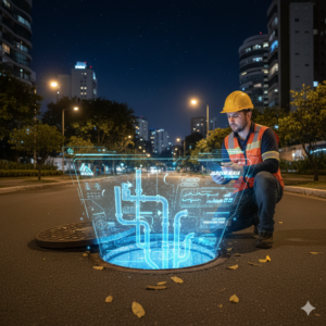 Infraestrutura de esgoto sob o bairro Jardim Maia em Guarulhos, destacando a precis&atilde;o t&eacute;cnica necess&aacute;ria para preservar o alto padr&atilde;o local.