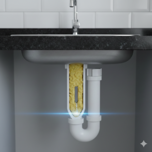 Visão técnica de um sifão de pia de cozinha em Guarulhos obstruído por gordura solidificada, evidenciando a necessidade de limpeza hidrodinâmica.