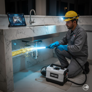 T&eacute;cnico realizando desentupimento de pia no Jardim Maia em Guarulhos utilizando equipamento Mini-Jet para remo&ccedil;&atilde;o de gordura saponificada em bancada de m&aacute;rmore.