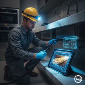 T&eacute;cnico realizando desentupimento de pia no Macedo em Guarulhos utilizando tecnologia de v&iacute;deo inspe&ccedil;&atilde;o para identificar obstru&ccedil;&otilde;es por gordura.