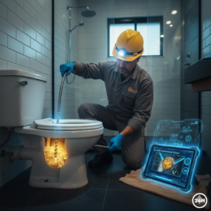 T&eacute;cnico utilizando sonda helicoidal para desentupimento de vaso sanit&aacute;rio em resid&ecirc;ncia na Vila Galv&atilde;o, Guarulhos, preservando a cer&acirc;mica.