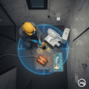 T&eacute;cnico utilizando sonda eletromec&acirc;nica flex&iacute;vel para desentupimento de vaso sanit&aacute;rio em resid&ecirc;ncia de alto padr&atilde;o no Parque Continental, Guarulhos.