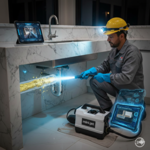 T&eacute;cnico realizando desentupimento de pia na Vila Galv&atilde;o em Guarulhos com equipamento de hidrojateamento de baixa press&atilde;o para remover gordura saponificada.