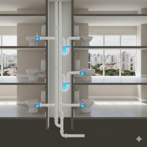 Equipamento de hidrojateamento mini-jet sendo introduzido em ramal de vaso sanit&aacute;rio para desobstru&ccedil;&atilde;o t&eacute;cnica em Guarulhos.