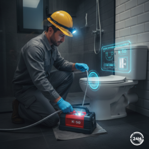 T&eacute;cnico especializado realizando o desentupimento de vaso sanit&aacute;rio no Macedo em Guarulhos com equipamento eletromec&acirc;nico K-50 para preserva&ccedil;&atilde;o da lou&ccedil;a.