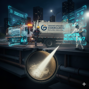 Caminhão de hidrojateamento de alta pressão realizando a retífica interna de coletores de esgoto em Guarulhos.