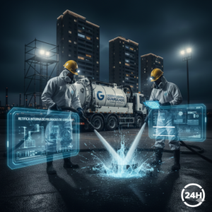 Caminh&atilde;o de hidrojateamento de alta press&atilde;o operando em condom&iacute;nio na Vila Augusta, Guarulhos, realizando a ret&iacute;fica interna de prumadas de gordura.