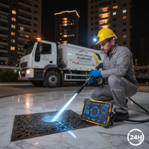 T&eacute;cnico operando unidade de hidrojateamento de alta press&atilde;o em condom&iacute;nio de luxo no Jardim Maia, Guarulhos, preservando o acabamento de m&aacute;rmore e a infraestrutura h&iacute;drica.