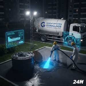 Equipe t&eacute;cnica realizando suc&ccedil;&atilde;o a v&aacute;cuo e hidrojateamento de caixa de gordura em condom&iacute;nio na Vila Augusta, Guarulhos.