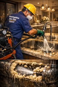 Desentupimento de pia no Bela Vista, Osasco. Gordura saponificada residencial e comercial. Equipe 24h, 40 min, sem taxa de visita.