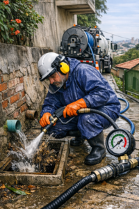 Desentupimento de esgoto na Vila S&atilde;o Francisco, Osasco. Ra&iacute;zes de Ficus e Sibipiruna. Equipe 24h, 40 min, sem taxa.